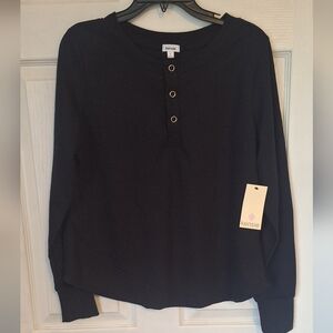 Kensie Long Sleeve Tee Black Waffle Snap Neckline Size Large
